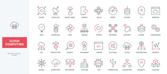 Cloud computing line icons set. Server services for security system and storage documents, digital access protection, network connection thin black and red outline symbols, vector illustration