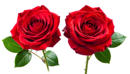 Two red roses arranged in a romantic pairing, each flower angled differently with vis  