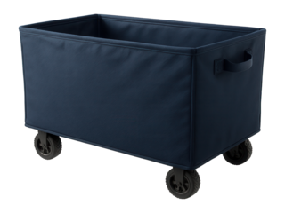 Oversized wheeled fabric storage box for organizing sports gear in the garage.