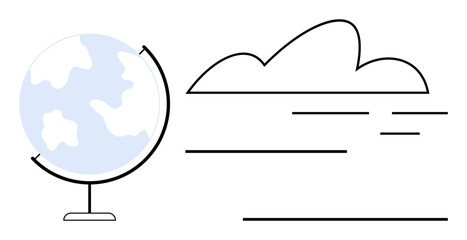 Globe with continents and cloud connected by simple lines, symbolizing climate, globalization, travel, education. Ideal for sustainability, environment, learning, weather innovation global