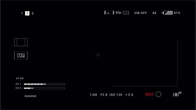 4k camera viewfinder with transparency. Widescreen video Camera screen, smartphone recording overlay frame with black background. Digital display with multiple settings. CCTV viewfinder