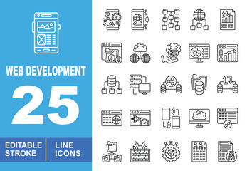 Web Development set of web icons in line style. Containing Globe, Chart, File, Wrench, Folder and more. Editable stroke icons collection.