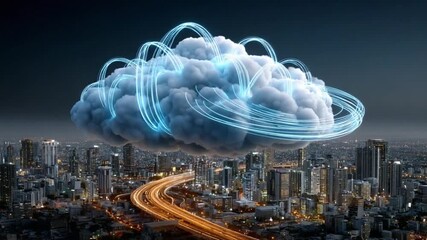 Cloud Data Processing: Captivating illustration of a cloud computing network overlaid on a sprawling cityscape, where the data processing flows seamlessly to the city. - Powered by Adobe