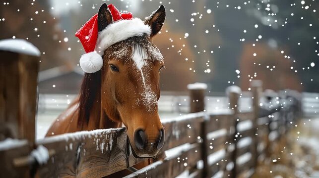 Brown horse wearing Santa hat standing behind wooden fence in snowy winter farm