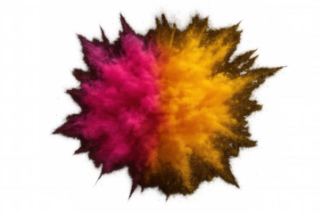 Vibrant color powder explosion creating vivid pink and yellow dust clouds spreading in air on transparent background