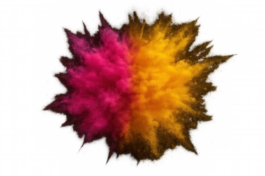Vibrant color powder explosion creating vivid pink and yellow dust clouds spreading in air on transparent background - Powered by Adobe