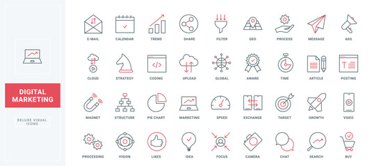 Digital marketing line icons set. Promo blog in social media and email ads for business growth, market structure research and plan in calendar, thin black and red outline symbols, vector illustration