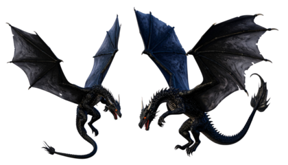 Flying Black Dragon with Outstretched Wings and Curved Tail, isolated on transparent background
