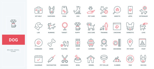 Dog care thin black and red line icons set vector illustration. Outline symbols of veterinarian help and training, vaccination calendar and chip of puppy, paw and medal of winner, vet store pictograms