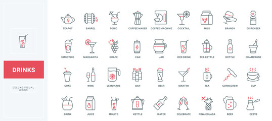 Drinks of bar thin black and red line icons set vector illustration. Outline barrel, can or glass bottle symbols, cocktails and champagne, cup and kettle of tea and coffee machine, beer and juice