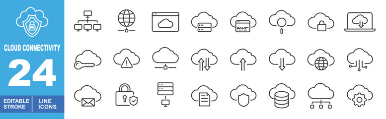 CloudConnectivity set of web icons in line style. Containing Diagram, Globe, Code, Server, CreditCard, Upload, Lock, Download, Key, Alert, Mail, Protection, Database, Setting and more. Editable stroke