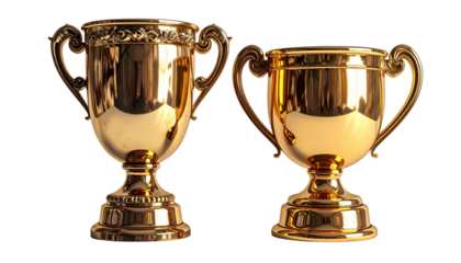 Two Variations of Shiny Gold Trophy Cups Side by Side, isolated on transparent background