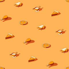 Seamless pattern of thanksgiving dinner icons on orange background