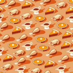 Seamless pattern of thanksgiving dinner with turkey, chicken, pie, gravy, and chicken