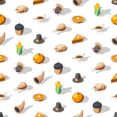 Colorful isometric thanksgiving seamless pattern on transparent background