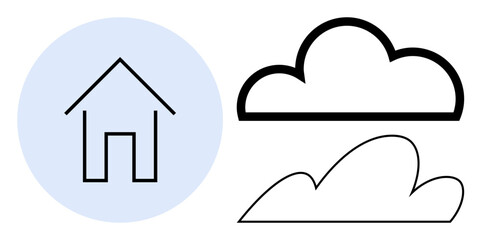 Line art home icon inside a blue circle beside two cloud shapes. Ideal for technology, weather, nature, home, real estate, minimalism, education themes. Simple flat metaphor