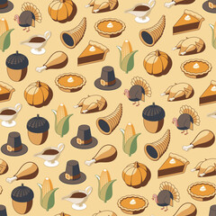 Colorful thanksgiving themed isometric seamless pattern background