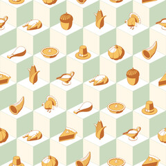 Geometric duotone isometric thanksgiving seamless pattern on light green background