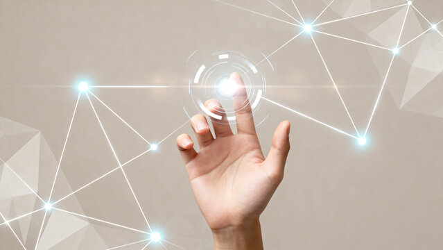 Hand interacting with digital network