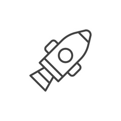 A black lineart rocket ship angled It has fins a circle window and side handles