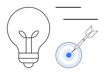 Lightbulb and dartboard with arrow signify creativity, goals, and precision. Ideal for business planning, innovation, success strategy, productivity, problem solving, vision simple flat metaphor