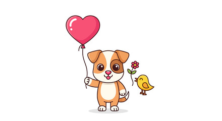 Obraz premium Adorable puppy with a heart balloon and a friendly bird on a white background drawing