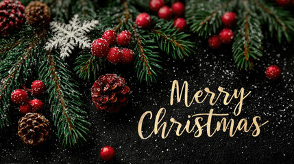 Seasonal border forming with sprigs of fir branches, pine cones, red berries, and a snowflake over a dark background, including a golden Merry Christmas message