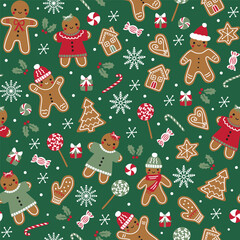 Seamless Christmas Gingerbread And Candy Patterns On Green  Background