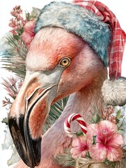 Cute Pink Flamingo wearing a Santa hat and holding a candy cane, illustrated in tropical Christmas style with floral accentsб perfect for winter beach-themed decor and seasonal designs.