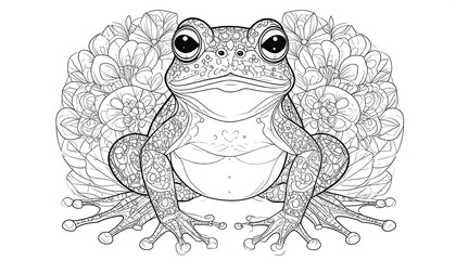 Detailed black and white illustration of a frog with intricate patterns