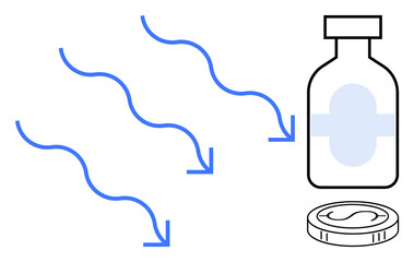 Blue arrows pointing toward a medicine bottle and capsule, conveying a health and treatment theme. Ideal for healthcare, pharmacy, medicine, solutions, flow, treatment process, simple flat metaphor