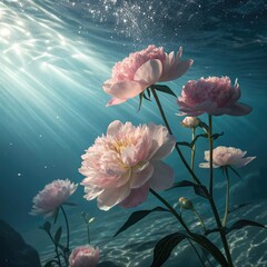 Peonies aquatic with overlapping elements and underwater beams.