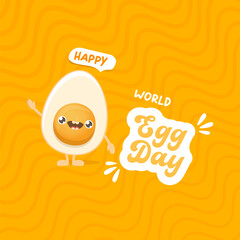 World egg day square greeting card with vector funny cartoon cute smiling tiny egg character isolated on orange geometric pattern background. Egg day poster or banner