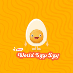 World egg day square greeting card with vector funny cartoon cute smiling tiny egg character isolated on orange geometric pattern background. Egg day poster or banner