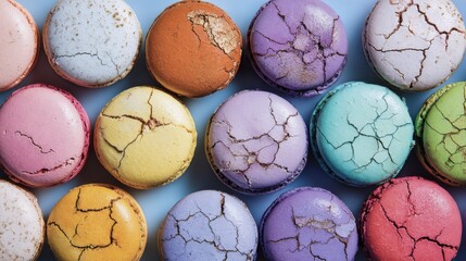 Colorful cracked macarons arranged in a top view display, showcasing vibrant hues and unique textures, perfect for dessert lovers and culinary enthusiasts seeking visual inspiration