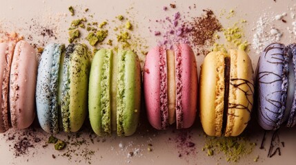 Top view of vibrant cracked macarons in assorted colors and flavors, highlighting their unique textures and appealing presentation for dessert lovers