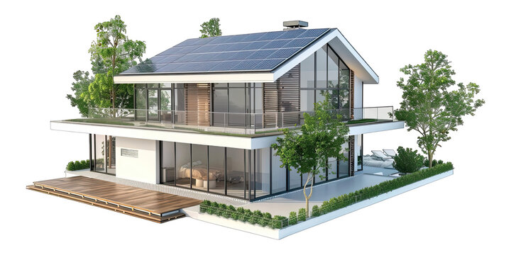Modern sustainable house with solar panels and green landscaping