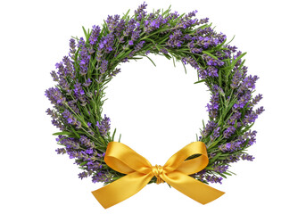 Isolated lavender wreath adorned with a gold ribbon, floral decoration with bow, fragrant flower