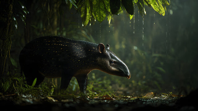 A forest tapir forages on the rainforest floor at dusk, highlighted by soft rim light and lush undergrowth.