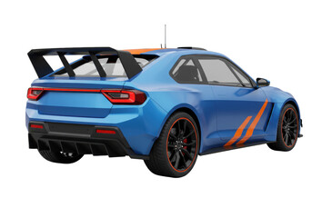 Isolated blue sports car with spoiler, rear view, modern automotive design, fast transport