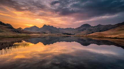 Obraz premium Serene Mountain Landscape at Sunset with Reflective Lake Surrounded by Majestic Peaks and Colorful Sky in Tranquil Natural Setting
