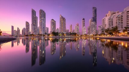 Fototapeta premium Stunning Twilight Cityscape Reflection at Surfers Paradise with Vibrant Colors Illuminating Skyscrapers and Serene Waters Creating a Magical Atmosphere in Queensland