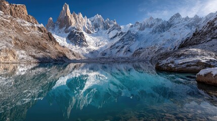 Fototapeta premium Majestic Snow-Capped Peaks Reflected in Tranquil Alpine Lake Surrounded by Rugged Mountains Under a Clear Blue Sky at Sunrise