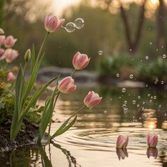 Tulips ethereal drifting with bubbles in a pond earth tones