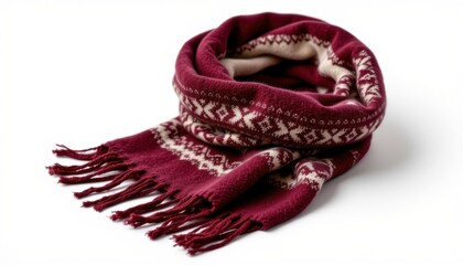 Obraz premium high resolution isolated object on pure white background, ultra sharp, minimal shadow. a eco conscious cashmere scarf made of wool in burgundy color, featuring nordic design, lined with soft fleece.
