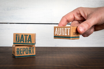 Box with Word Audit Next to Data and Report Blocks Representing Business Analysis and Financial Control Concept
