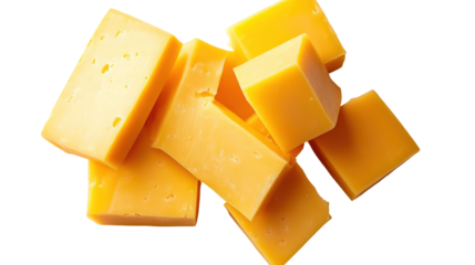 Cheddar cheese cubes isolated on transparent background