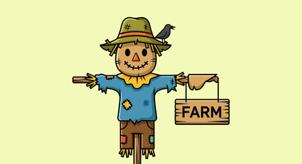 Cartoon scarecrow with a crow perched on its hat, holding a "FARM" sign, set against a light yellow background.