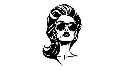 A stylish illustration of a woman wearing sunglasses and smoking a cigarette, in a retro design.