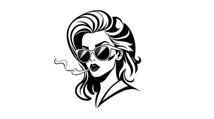 Stylish woman with sunglasses smoking a cigarette, depicted in a black and white vector illustration.